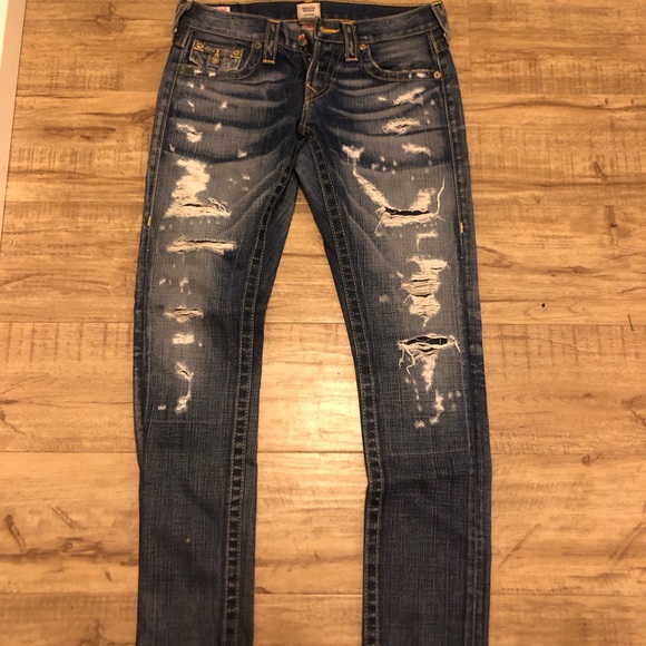 True Religion Dark Blue Skulls And Roses Jeans with Yellow Accents - Picture 3 of 5